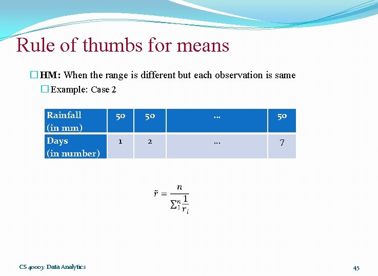 Rule of thumbs for means � HM: When the range is different but each