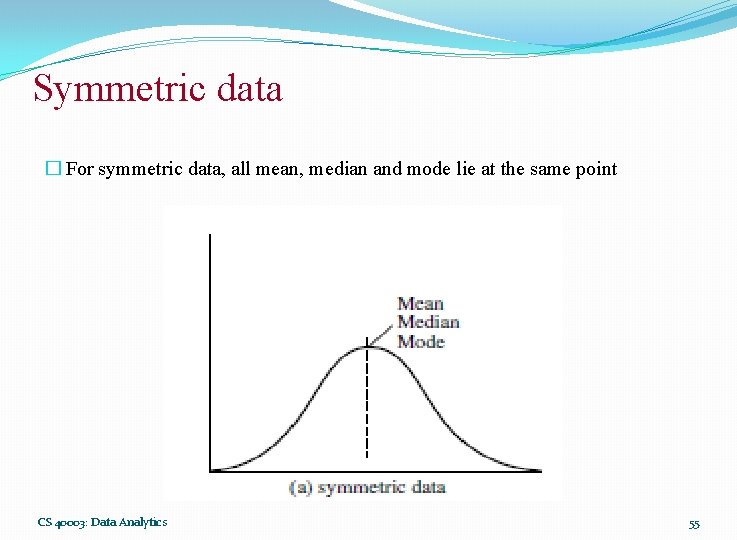 Symmetric data � For symmetric data, all mean, median and mode lie at the