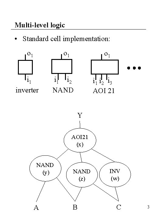 Multi-level logic • Standard cell implementation: o 1 i 1 inverter o 1 i