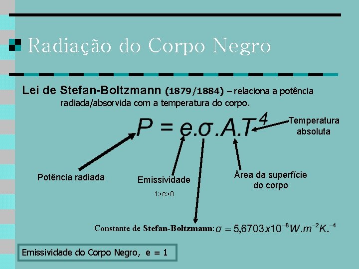 Radiação do Corpo Negro Lei de Stefan-Boltzmann (1879/1884) – relaciona a potência radiada/absorvida com