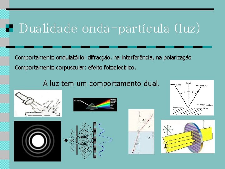 Dualidade onda-partícula (luz) Comportamento ondulatório: difracção, na interferência, na polarização Comportamento corpuscular: efeito fotoeléctrico.