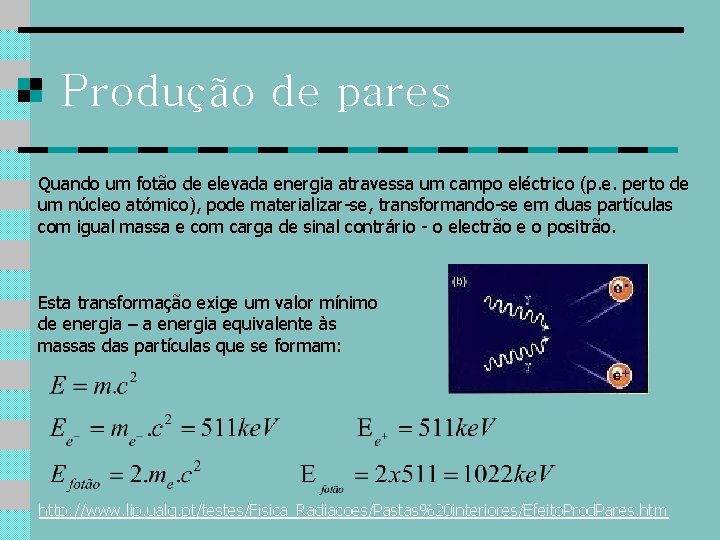 Produção de pares Quando um fotão de elevada energia atravessa um campo eléctrico (p.