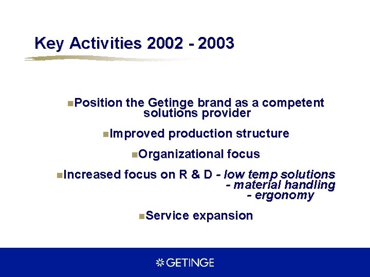 Key Activities 2002 - 2003 n. Position the Getinge brand as a competent solutions