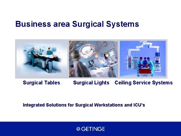 Business area Surgical Systems Surgical Tables Surgical Lights Ceiling Service Systems Integrated Solutions for