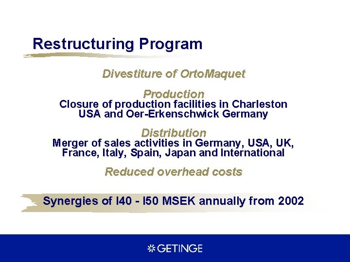 Restructuring Program Divestiture of Orto. Maquet Production Closure of production facilities in Charleston USA