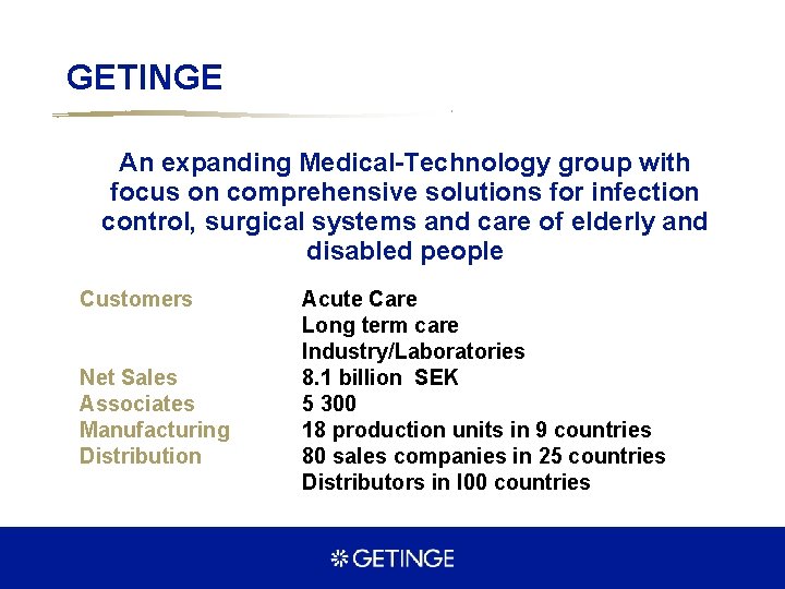 GETINGE An expanding Medical-Technology group with focus on comprehensive solutions for infection control, surgical