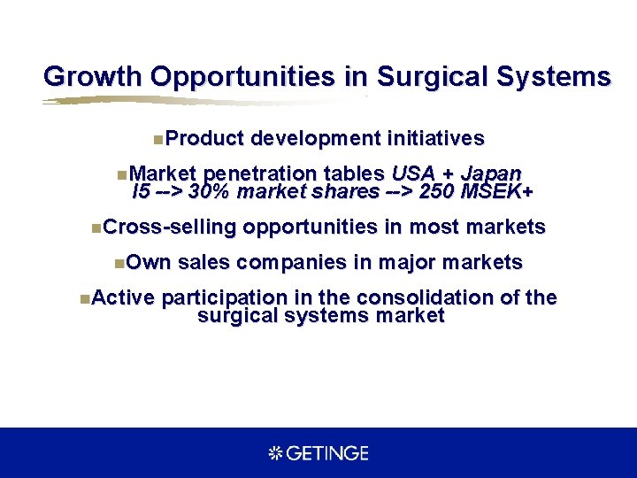 Growth Opportunities in Surgical Systems n. Product development initiatives n. Market penetration tables USA