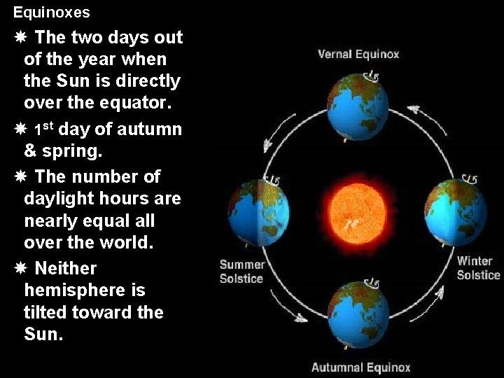 Equinoxes The two days out of the year when the Sun is directly over