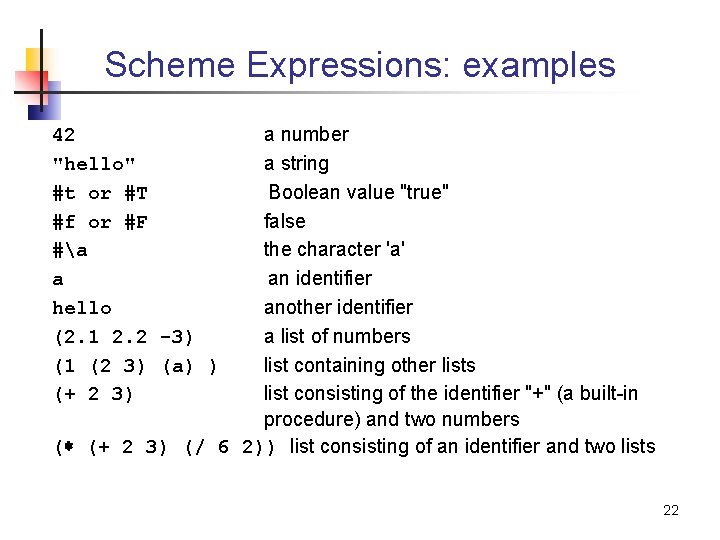 Scheme Expressions: examples a number a string Boolean value "true" false the character 'a'