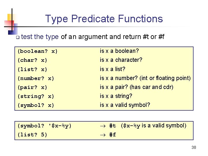 Type Predicate Functions q test the type of an argument and return #t or
