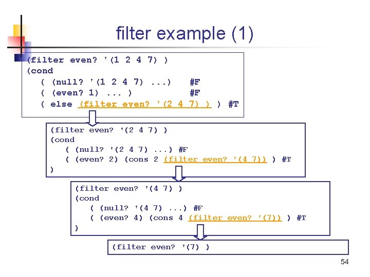 filter example (1) (filter even? '(1 2 4 7) ) (cond ( (null? '(1