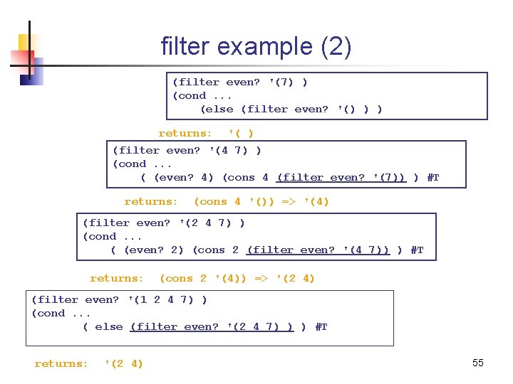 filter example (2) (filter even? '(7) ) (cond. . . (else (filter even? '()