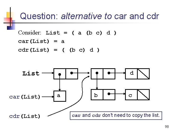 Question: alternative to car and cdr Consider: List = ( a (b c) d