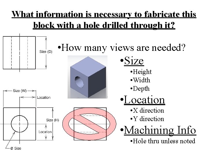 What information is necessary to fabricate this block with a hole drilled through it?