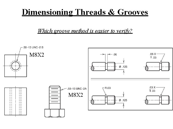 Dimensioning Threads & Grooves Which groove method is easier to verify? M 8 X