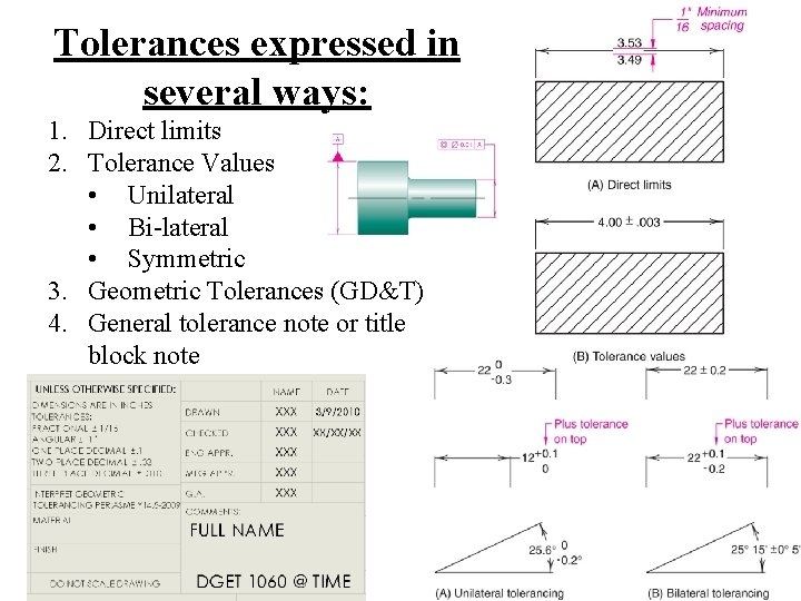 Tolerances expressed in several ways: 1. Direct limits 2. Tolerance Values • Unilateral •