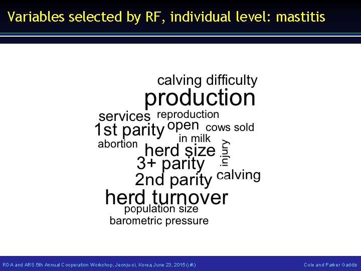 Variables selected by RF, individual level: mastitis RDA and ARS 5 th Annual Cooperation