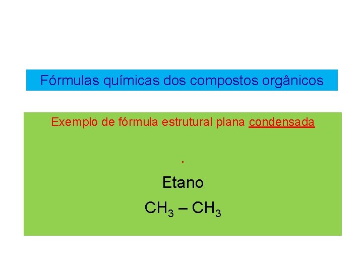 Fórmulas químicas dos compostos orgânicos Exemplo de fórmula estrutural plana condensada. Etano CH 3