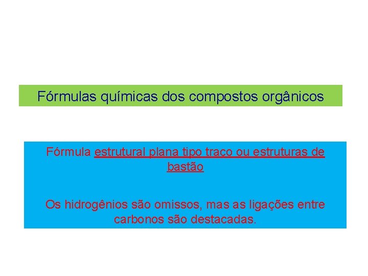 Fórmulas químicas dos compostos orgânicos Fórmula estrutural plana tipo traço ou estruturas de bastão