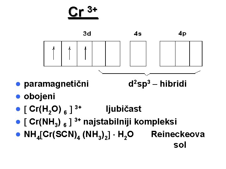 Cr l l l 3+ paramagnetični d 2 sp 3 – hibridi obojeni Cr(H