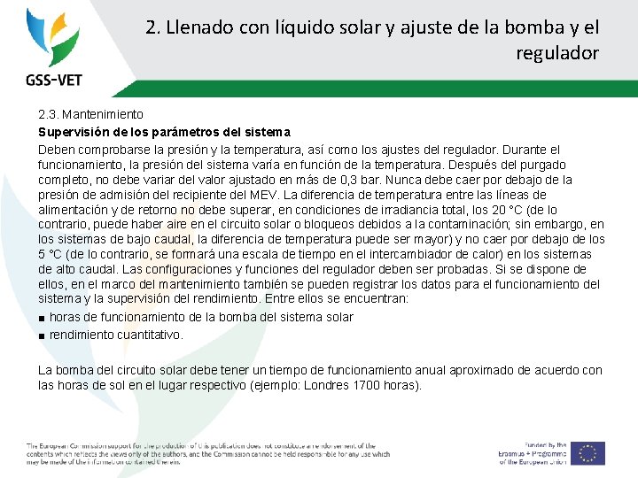 2. Llenado con líquido solar y ajuste de la bomba y el regulador 2.