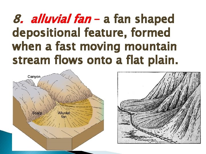 8. alluvial fan – a fan shaped depositional feature, formed when a fast moving