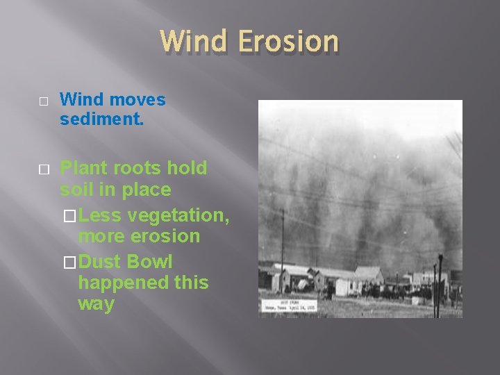 Wind Erosion � � Wind moves sediment. Plant roots hold soil in place �Less