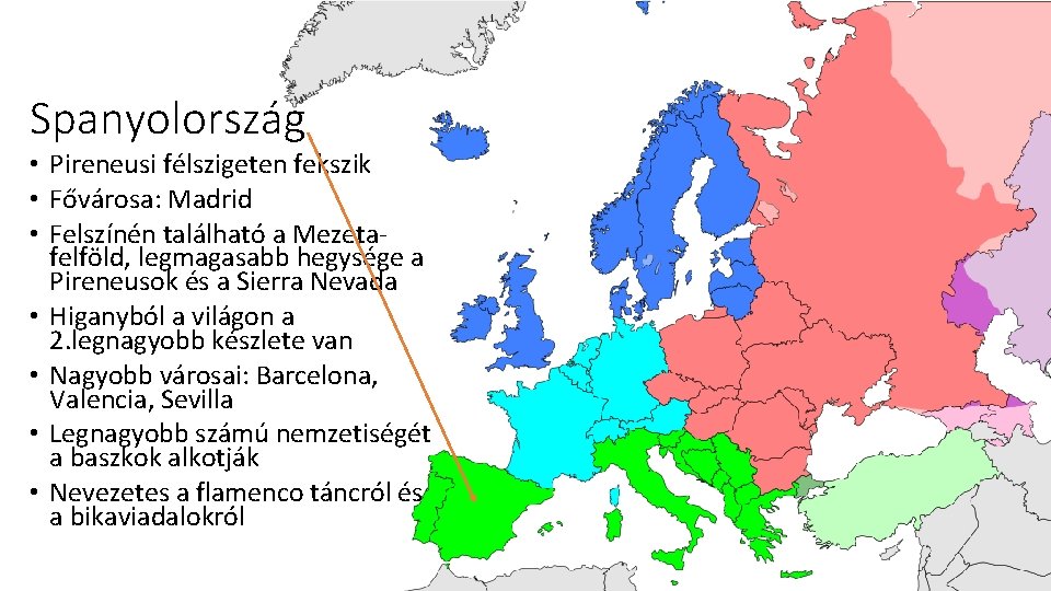 Spanyolország • Pireneusi félszigeten fekszik • Fővárosa: Madrid • Felszínén található a Mezetafelföld, legmagasabb