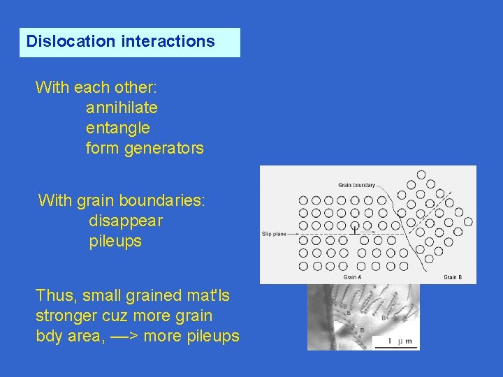 Dislocation interactions With each other: annihilate entangle form generators With grain boundaries: disappear pileups