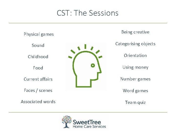 CST: The Sessions Physical games Being creative Sound Categorising objects Childhood Orientation Food Using CST: The Sessions Physical games Being creative Sound Categorising objects Childhood Orientation Food Using