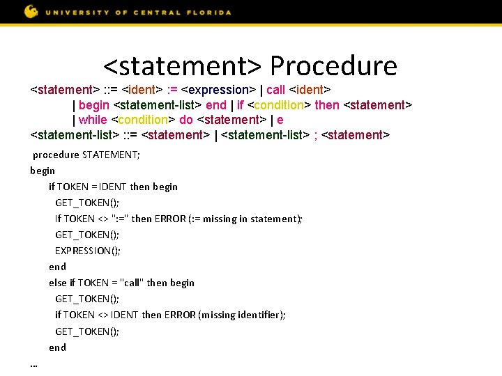 <statement> Procedure <statement> : : = <ident> : = <expression> | call <ident> |