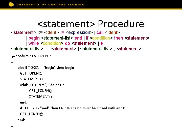 <statement> Procedure <statement> : : = <ident> : = <expression> | call <ident> |