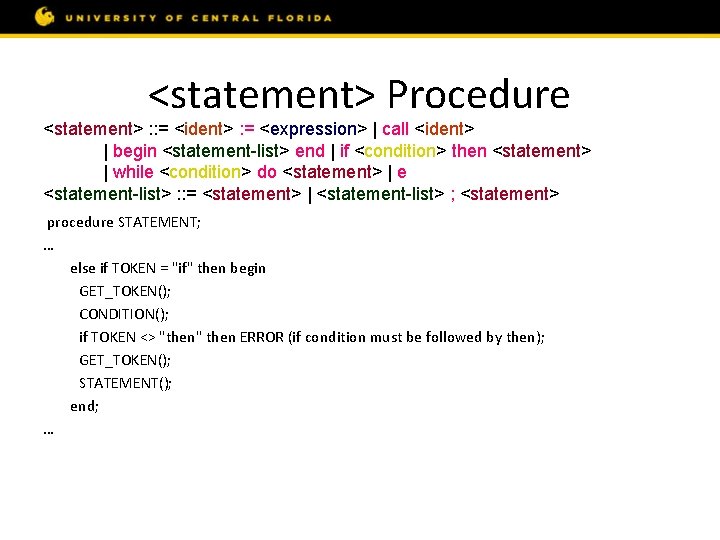 <statement> Procedure <statement> : : = <ident> : = <expression> | call <ident> |