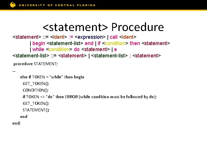 <statement> Procedure <statement> : : = <ident> : = <expression> | call <ident> |