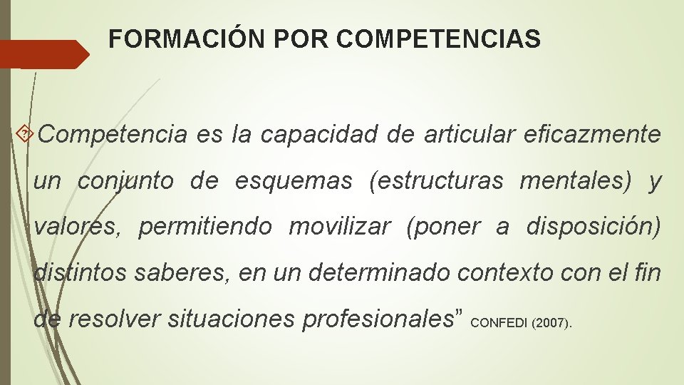 FORMACIÓN POR COMPETENCIAS Competencia es la capacidad de articular eficazmente un conjunto de esquemas