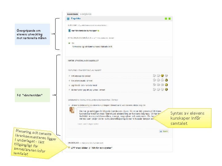 Övergripande om elevens utveckling mot nationella målen Fd ”vänstersidan” Syntes av elevens kunskaper inför