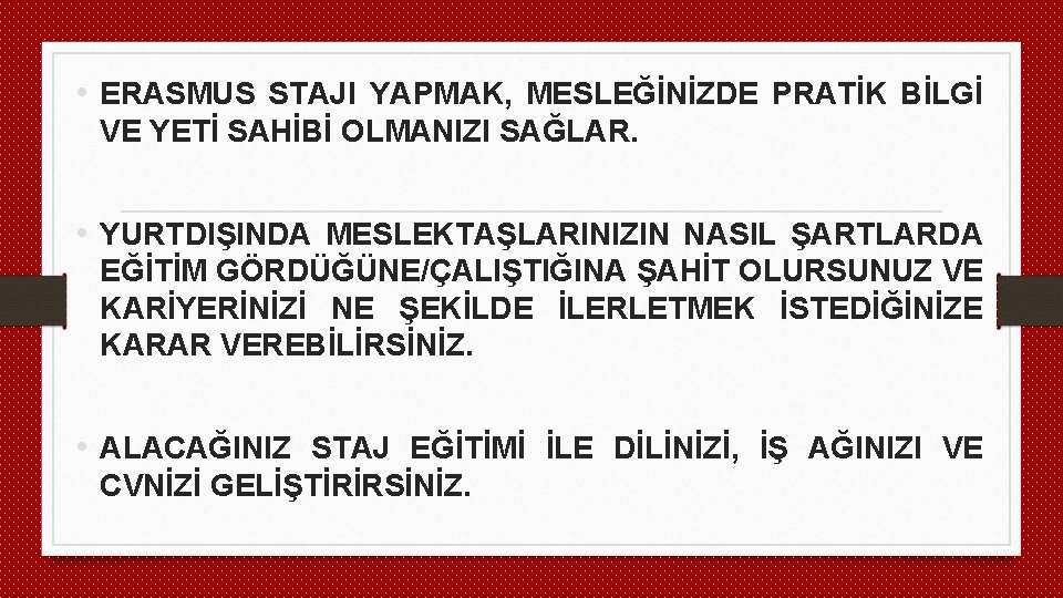  • ERASMUS STAJI YAPMAK, MESLEĞİNİZDE PRATİK BİLGİ VE YETİ SAHİBİ OLMANIZI SAĞLAR. •