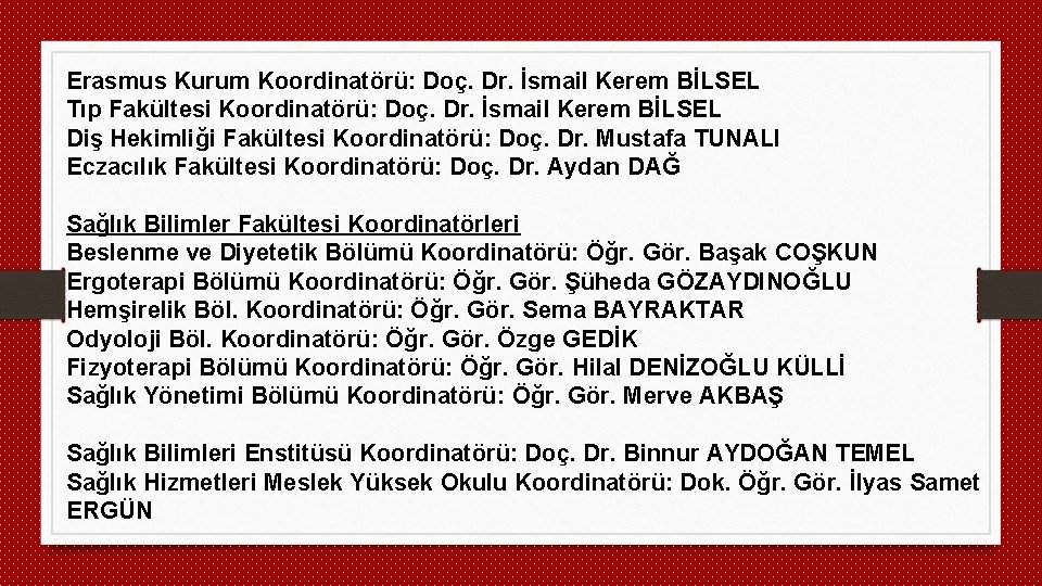 Erasmus Kurum Koordinatörü: Doç. Dr. İsmail Kerem BİLSEL Tıp Fakültesi Koordinatörü: Doç. Dr. İsmail