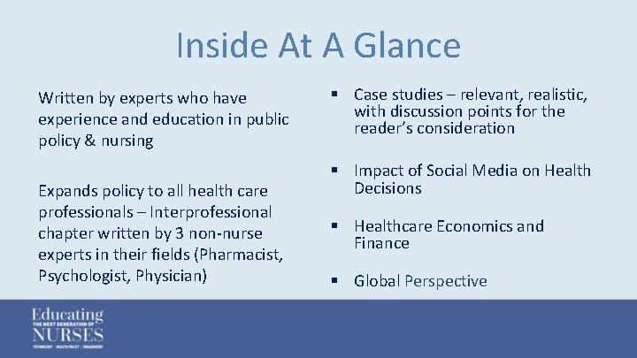 Inside At A Glance Written by experts who have experience and education in public
