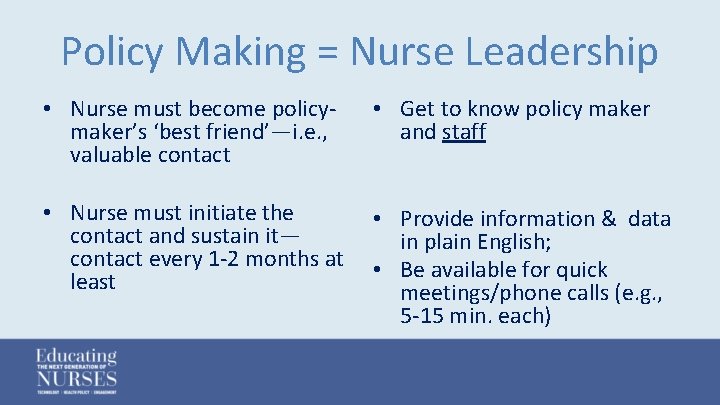 Policy Making = Nurse Leadership • Nurse must become policymaker’s ‘best friend’—i. e. ,