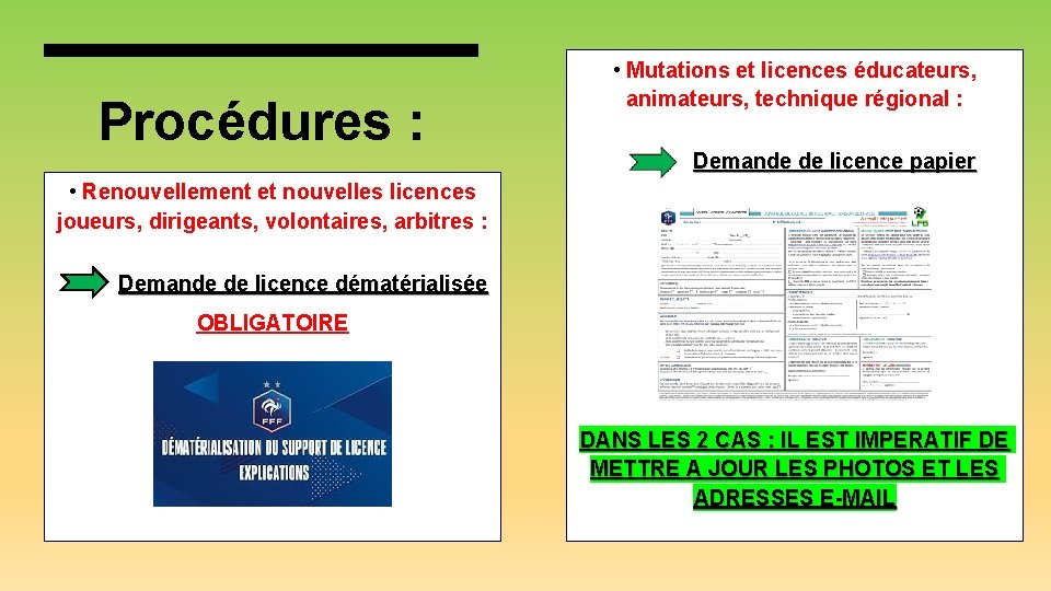 Procédures : • Mutations et licences éducateurs, animateurs, technique régional : Demande de licence