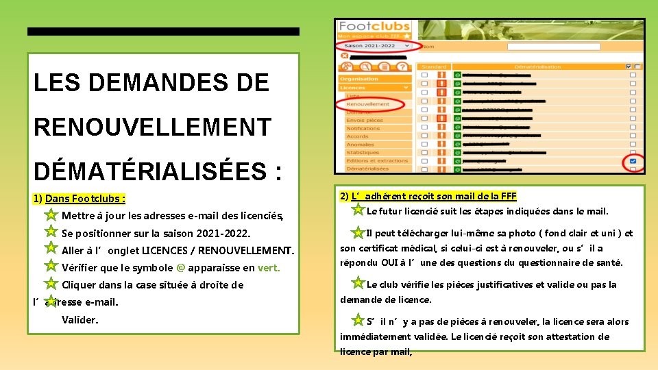 LES DEMANDES DE RENOUVELLEMENT DÉMATÉRIALISÉES : 1) Dans Footclubs : 2) L’adhérent reçoit son