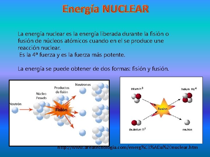 Energía NUCLEAR La energía nuclear es la energía liberada durante la fisión o fusión