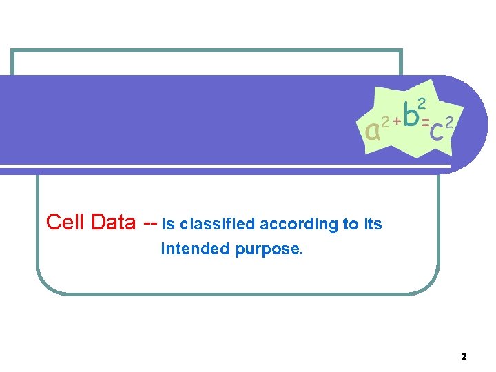 Cell Data -- is classified according to its intended purpose. 2 Cell Data -- is classified according to its intended purpose. 2