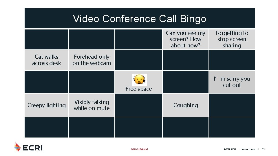 Video Conference Call Bingo Chewing sounds Awkward backdrop UPS/Amazon/US PS delivery Can you see