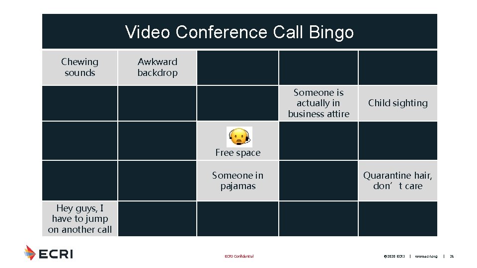 Video Conference Call Bingo Chewing sounds Awkward backdrop UPS/Amazon/US PS delivery Can you see