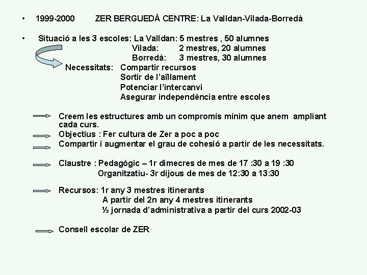  • 1999 -2000 • Situació a les 3 escoles: La Valldan: 5 mestres