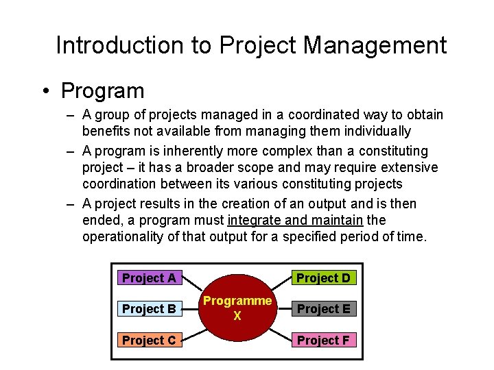 Introduction to Project Management • Program – A group of projects managed in a