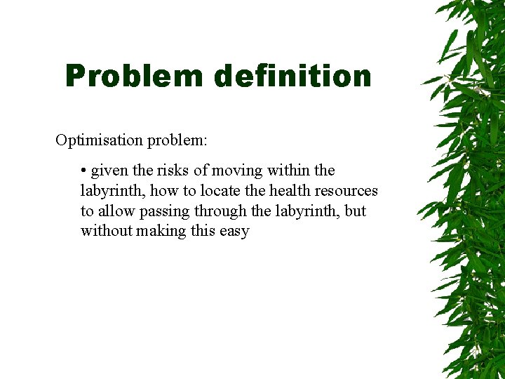 Problem definition Optimisation problem: • given the risks of moving within the labyrinth, how