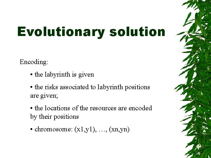 Evolutionary solution Encoding: • the labyrinth is given • the risks associated to labyrinth